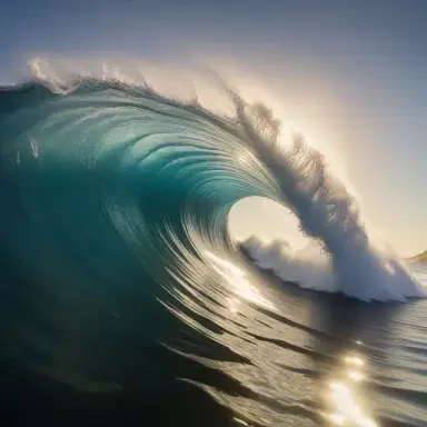 seascape by Ray Collins and artgerm, front view of a perfect wave, sunny background, ultra detailed water