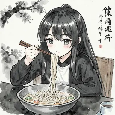 a study of kaguya hime eating noodles sumi e
