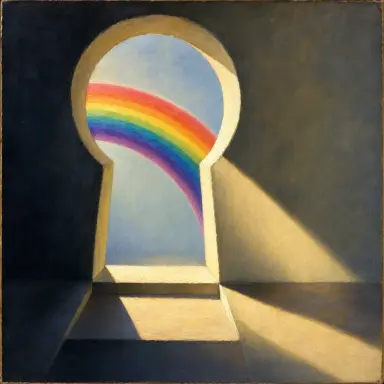 the image is a fauvist painting of a chalk rainbow peeking through a keyhole the scene is lit from the right