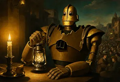 iron giant holding a lantern in the 1980s rendered as a vanitas painting lit by candlelight from the left