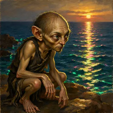 a fauvist painting of gollum painting the sea itself lit by neon reflections from behind with gentle shadows