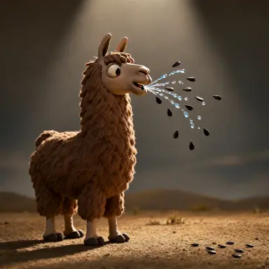 a claymation still of a llama that spits watermelon seeds the scene is lit from a low angle by backlight