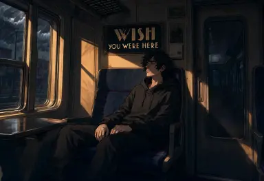 the image is a comic book panel of 9s on a train lit by storm light from the left with long warm shadows wide