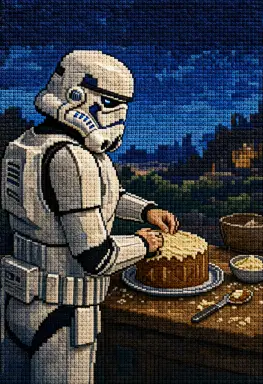 a stormtrooper baking a cake in a far future rendered as a cross stitch the scene is set during a buttermilk