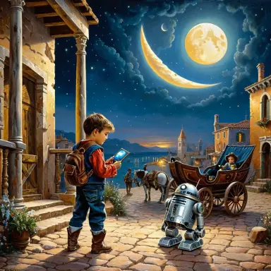venetian renaissance painting a child with a pocket robot in the wild west under a crescent moon a vignette