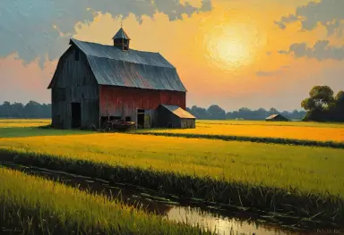 a patched rice barn tonalist painting in the style of raynald leclerc