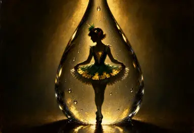 the image is a luminist painting of a sprite in a raindrop in an irish dancing dress in the 1920s lit by