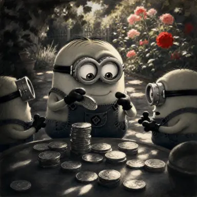 a post impressionist painting of the minions counting coins behind a garden in bloom dappled light from