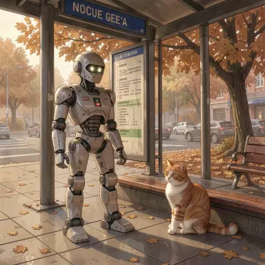 a robot and a cat at a bus stop in autumn browns