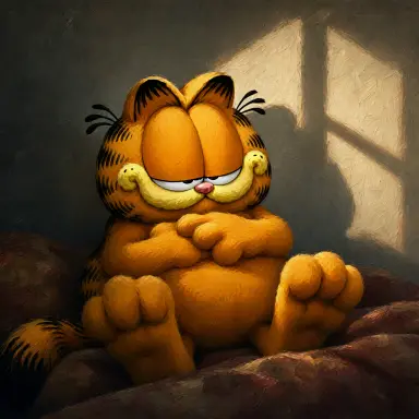 a pop art of garfield lit by overcast light from the right with long warm shadows centred composition