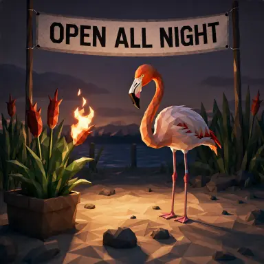 a flamingo lifeguard talking to plants rendered as a low poly render the scene is set during the evening