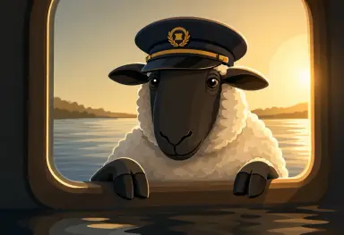 a folk art of dolly the sheep in a train conductor s cap lit by rim light from the right with long warm