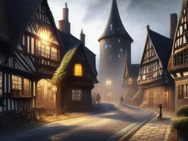 street medieval fantasy town dawn dark 4K