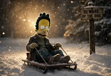 the image is a tintype of sideshow bob sledging the scene is set in a blizzard lit by backlight from behind