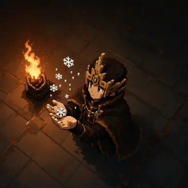 a voxel art of golbez catching snowflakes in a far future seen from above firelight from the front with deep