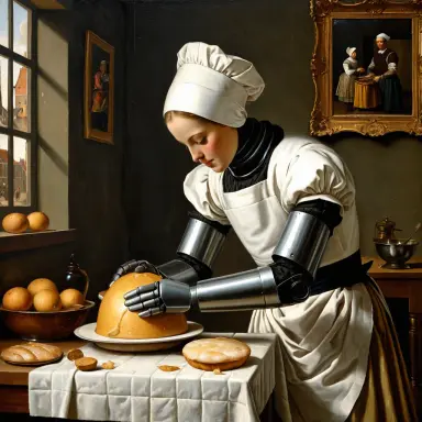 dutch golden age painting of a baker robot kneading