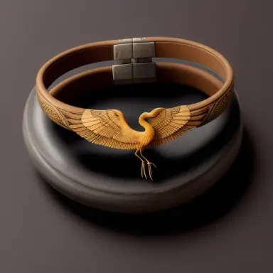 crane buckskin bracelet with crane features, rich details, fine carvings, studio lighting