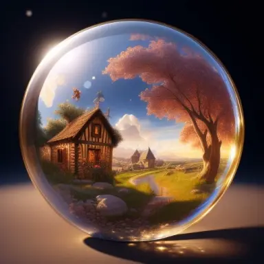 fantasy medieval village world inside a glass sphere , high detail, fantasy, realistic, light effect