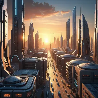 p4 2984002354 realistic futuristic city downtown with short buildings sunset