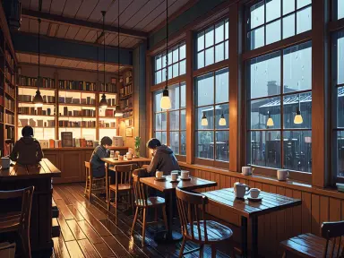 p71 472001383 cozy bookshop cafe on a rainy evening warm lamps wooden shelves large windows with