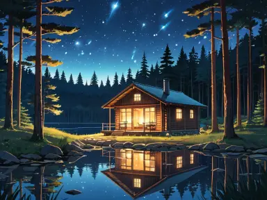 p80 432370329 cozy cabin by a lake at dusk warm light in the windows fireflies pine forest starry sky