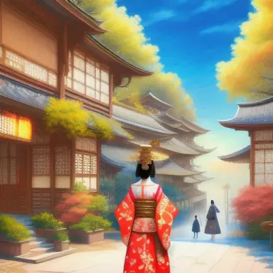 painting impressionist style Japanese modern city traditional wedding dress