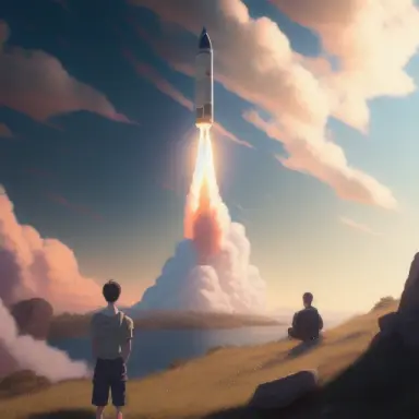 painting man hill watching rocket launch