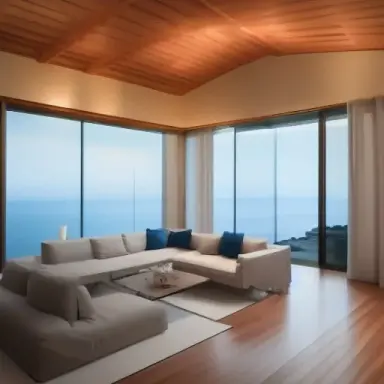 picture of dimly lit living room, minimalist furniture, vaulted ceiling, huge room, floor to ceiling window with an ocean view