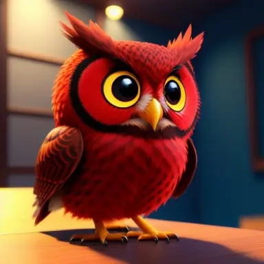 cute small red owl, cinema, fantacy, unreal engine, 3d, light,