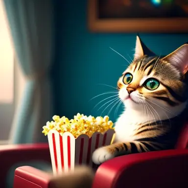 cute small cat sitting in a movie theater eating popcorn watching a movie, unreal engine, cozy indoor lighting, artstation, deta