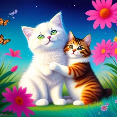 an extremley cute fluffy cat hug a dog, fantasy, soft turquoise, flowers, butterflies, inpaint nice fantasy background,