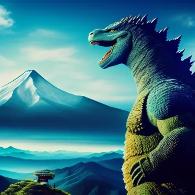 studio photo, godzilla is in the top off the montain, photo realistic ,