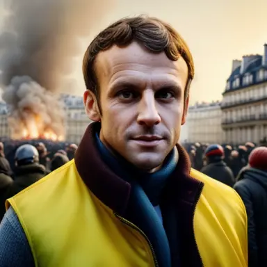 photography of (Emmanuel Macron) in a yellow vest, riot, by Ilya Kuvshinov Giuseppe Dangelico Pino and Michael Garmash and Rob R