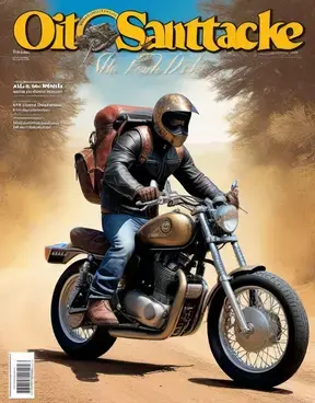 biker with backpack on his back riding a motorcycle, Style by Ade Santora, Oilpunk, Cover photo, craig mullins style, on the cov