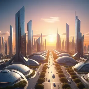 realistic futuristic city downtown with short buildings, sunset,