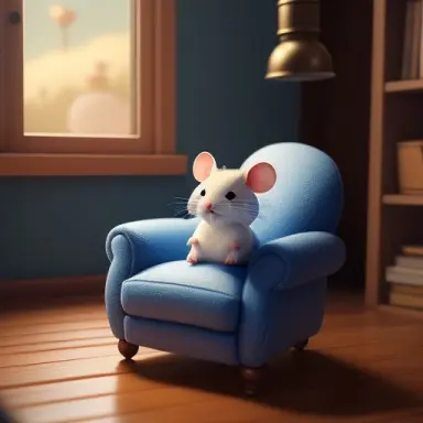a mouse trainer sitting in a chair playing music for three little mice dancing around him, digital art, studio quality, unreal e