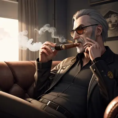 a photorealistic render of gman from half life smoking a cigar and laying on the couch, highly detailed, trending on artstation,