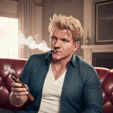 a photorealistic render of gordon ramsay smoking a cigar and laying on the couch, highly detailed, trending on artstation, by wl