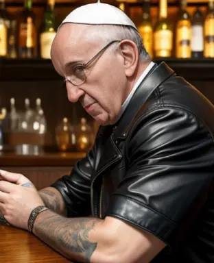 (pope francis) wearing (leather jacket) at bar, tattooed, 4k resolution, a masterpiece