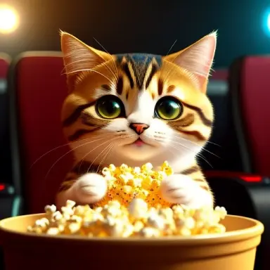 cute small cat sitting in a movie theater eating popcorn watching a movie, unreal engine, cozy indoor lighting, artstation, deta