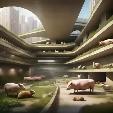 Architectural plans of a spacious underground wellbeing animal farm beneath the streets of a large city