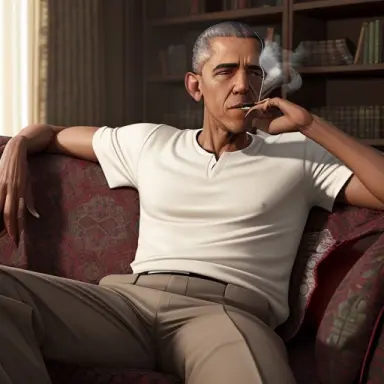 a photorealistic render of barrack obama smoking a weed blunt and laying on the couch, highly detailed, trending on artstation,