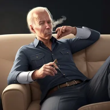 a photorealistic render of joe biden smoking a weed cigarette and laying on the couch, highly detailed, trending on artstation,