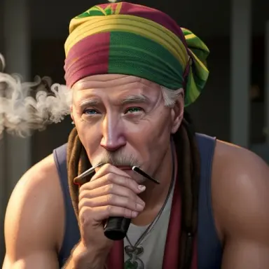 a photorealistic render of joe biden smoking a weed cigarette in a reggae bandana, highly detailed, trending on artstation, by w