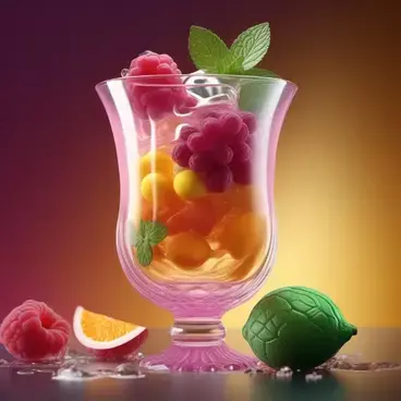 inspired by realflow cinema4d editor features, create image of a transparent luxury cup with ice fruits and mint, connected with