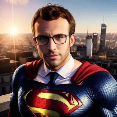 analog realistic style, (waist up) professional portrait of (emmanuel macron), wearing glasses, dressed in (a superman outfit),