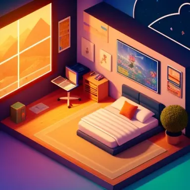 isometric render of boy at cozy gaming control room in bedroom , massive , big screen, high tech , advanced , warzone, messy clu