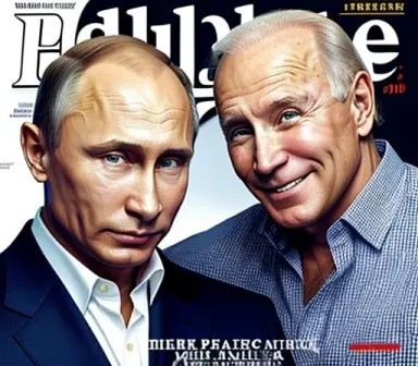 vladimir putin and joe biden rolling stone cover headlining hello joe, style of annie leibovitz, iconic, ,