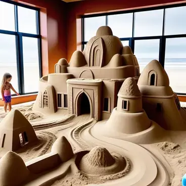 In the style of Alayna Lemmer, An indoor apartment with large windows, transformed into a sandy beach, where people are busily c