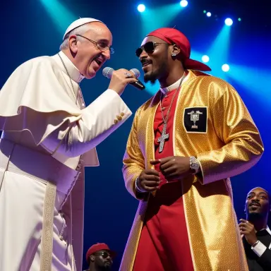 photo of gangstar pope francis and snoop doggy dog in a rap song contest duel on stage, highly detailed, by artgerm, nightclub background, sharp focus, fine details, 4k